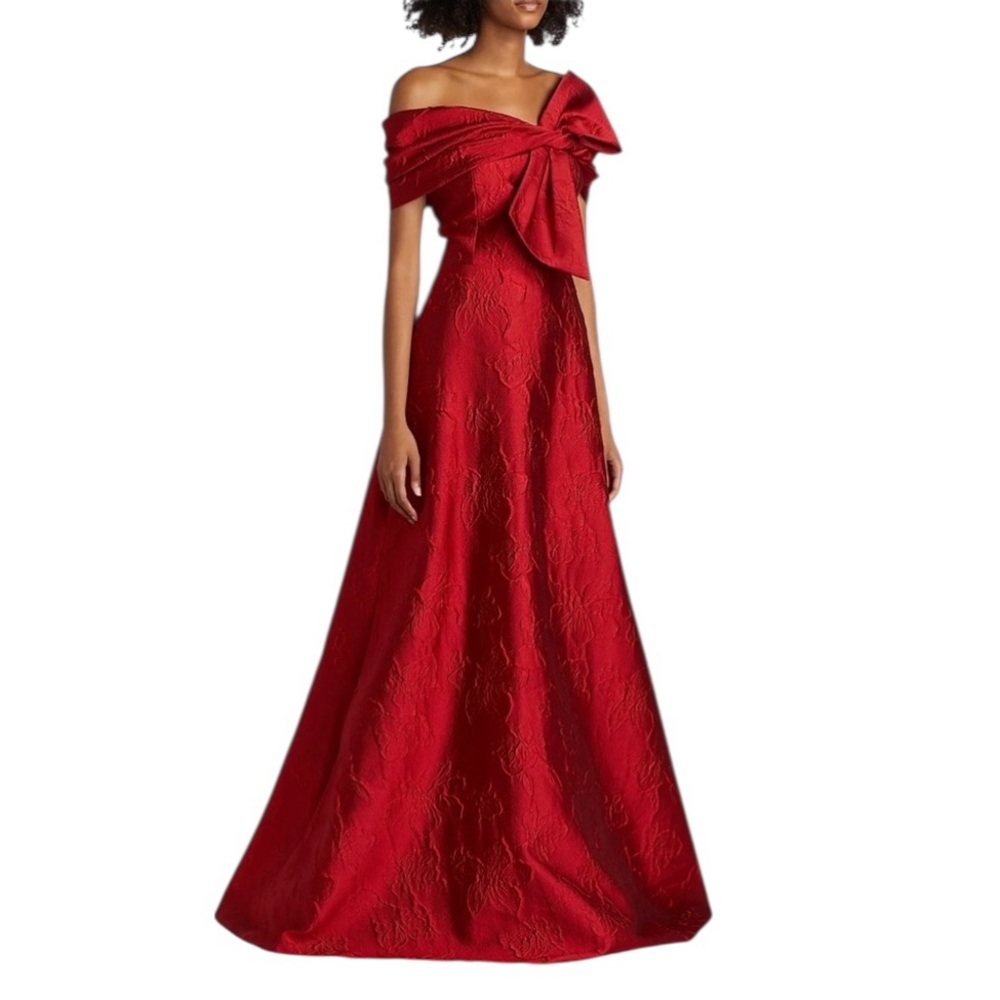 NEW NWT Teri Jon By Rickie Freeman Floral Jacquard Bow Shoulder Gown In Red